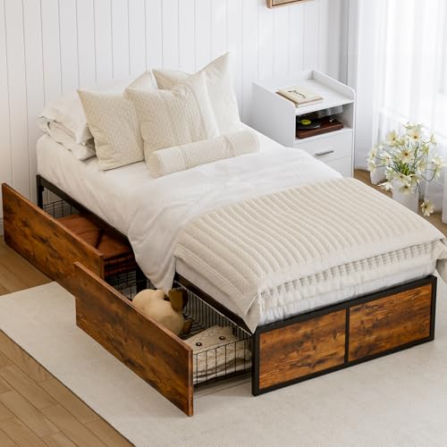 Twin Bed Frame with 2 XL Storage Drawers, Metal Platform Bed Frame with Footboard, 9 Strong Metal Slat Support/No Box Spring Needed/Easy Assembly/Space Saving Wood - color: Wood, size: Twin