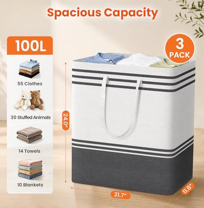 TranquilRelax 3-Pack Laundry Basket, Laundry Hamper, Grey-100L | Freestanding＆Water-Resistant Laundry Hamper, Collapsible Tall Clothes Hamper with Carry Handles for Clothes, Laundry Basket - color: Grey, size: 100L