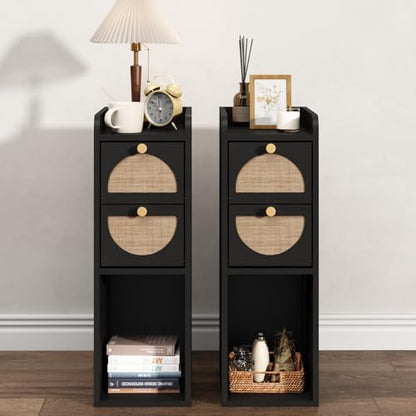 Narrow Nightstand Set of 2 (Rattan & Wood) - Small Bedside Table with 2 Drawers, Open Shelf, Mid Century Modern End Table - for Bedroom, Living Room & Small Spaces, Black - color: Black, size: 7.9"W (2 Pc)