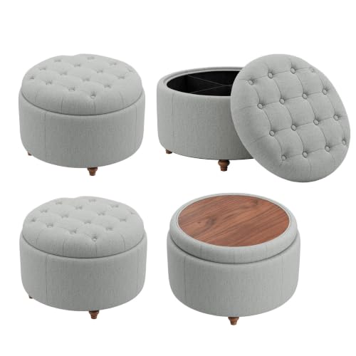 25" Round Ottoman with Storage, Small Coffee Table with Reversible Tray Lid | Tufted Fabric Round Storage Ottoman with Solid Wood Legs, 3-in-1 Footrest for Living Room, Bedroom, Entryway, Gray - color: Grey