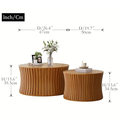 Modern Round Coffee Table Set of 2 Nesting Wood Fluted End Table Set | Drum Side Table, Circle Accent Tables, For Living Room Bedroom Balcony Office, Small Space - color: Natrual