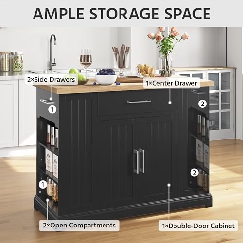 Yaheetech Rolling Kitchen Island Cart with 3 Drawers & Open Shelves, Black | Mobile Kitchen Island with Storage on Wheels with Adjustable Shelves, Thicke Rubberwood Top, for Dining Room/Living Room - color: Black
