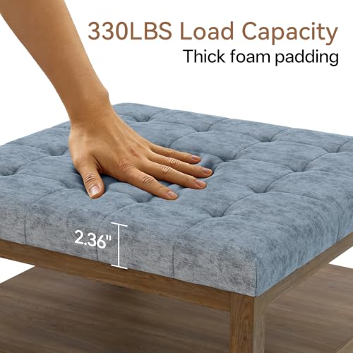 ABHENG 31.5" Large Square Storage Ottoman, Upholstery Solid Rubberwood Coffee Couch Table with Open Shelf, Foot Stool Load up to 330lb, Chenille Gray UASND67G - color: Grey, size: 31.5"D x 31.5"W x 20"H
