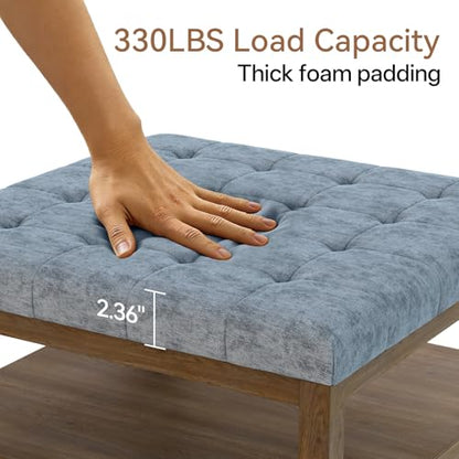 ABHENG 31.5" Large Square Storage Ottoman, Upholstery Solid Rubberwood Coffee Couch Table with Open Shelf, Foot Stool Load up to 330lb, Chenille Gray UASND67G - color: Grey, size: 31.5"D x 31.5"W x 20"H