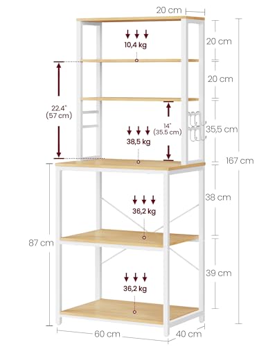 VASAGLE Coffee Bar, 23.6 Inches 6-Tier Baker's Rack with 6 Hooks | Modern Basic Microwave Stand, 23.6 x 15.7 x 65.7 Inches, Golden Oak and Cloud White, BARNET Collection UKKS024W09 - color: Golden Oak + Cloud White, size: 23.6"W, style: No Power Outlet