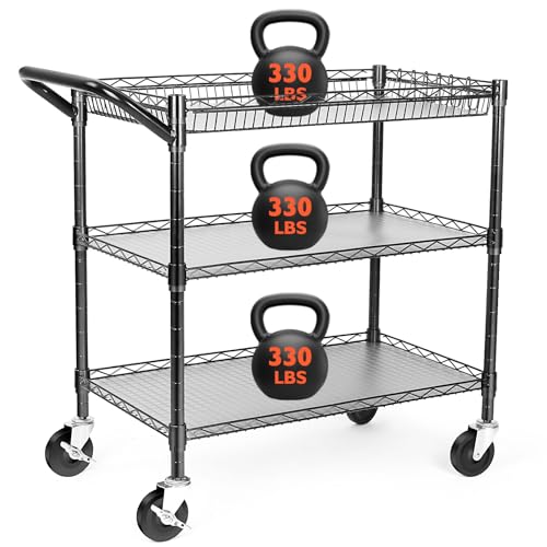 BolDuck Heavy Duty Utility Cart, 990Lbs Capacity 3 Tier Rolling Carts with Wheels, Kitchen Cart on Wheels with Storage, Commercial Grade Metal Serving Carts with Wire Shelving &Handle Bar, Black - color: Black