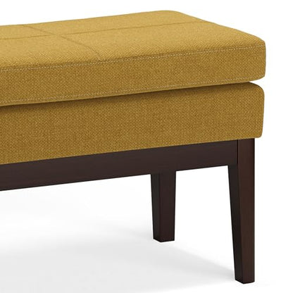 SIMPLIHOME Carlson 27" Wide Woven Fabric Rectangle Ottoman in Marigold | Mid-century modern ottoman with a padded seat for extra seating in bedroom or entryway; footstool, footrest. - color: Marigold, style: Small Ottoman Bench