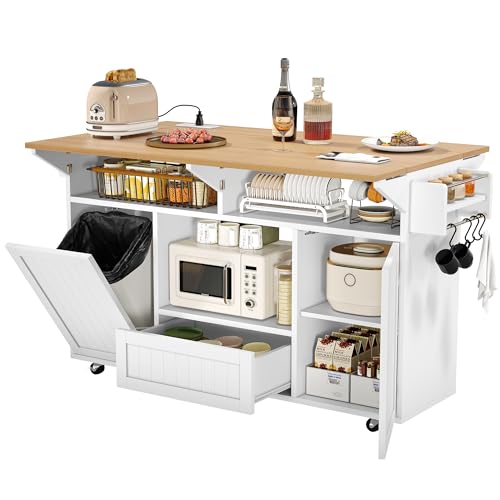 Einhomn 65" Kitchen Island with Drop Leaf, Island Table for Kitchen on Wheels with Trash Can Storage and Power Outlet, White - style: White