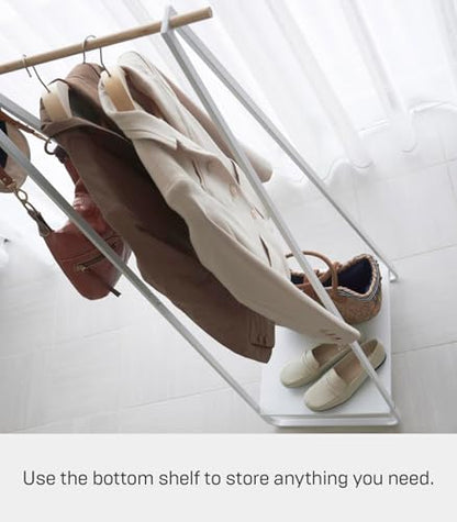 YAMAZAKI Home Freestanding Coat Hanger Clothes Rack with Shelf Steel One Size White | Freestanding coat hanger features a steel frame and bottom shelf. Space-saving vertical organization. Easy to assemble. - color: White