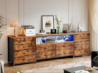 EnHomee 12 Drawers Dresser for Bedroom,TV Stand Fits 55/65/70 inch TVs | Entertainment Center with LED Lights & Power Outlets,Long Fabric Dresser with 2 Wood Shelves for Living Room,Brown Wood Grain - color: Brown Wood Grain