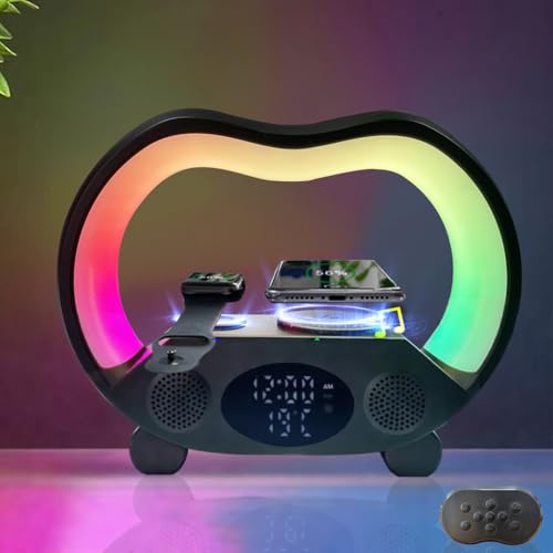 IHAO 6in1 Wireless Charging Station with Bluetooth Speaker Time&Temperature Display Alarm Clock 7-Color LED Night Lights Fast Charger for Phone, Apple Watch, Earbuds Remote Control Auto Shutoff-Black - color: 6in1 Wireless Charger Alarm Clock ZS932 Black