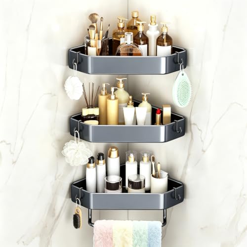 3-Tier Corner Shower Caddy, Rustproof Shower Shelf, Adhesive/Drill | Adhesive/drill, Fits tile/marble/glass, 6 hooks & towel bar, for renters & apartments, kitchen, laundry, grey