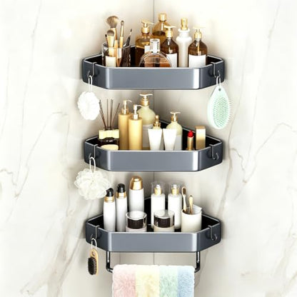 3-Tier Corner Shower Caddy, Rustproof Shower Shelf, Adhesive/Drill | Adhesive/drill, Fits tile/marble/glass, 6 hooks & towel bar, for renters & apartments, kitchen, laundry, grey