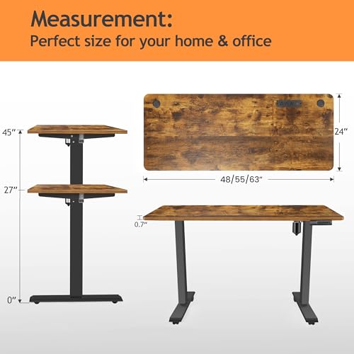 Electric Standing Desk with Wheels, 63'' x 24'' Standing Desk Adjustable Height with Charging Station, 2 USB Ports, 3 Power Outlets, 4 Caster, 27''-46'' Lifting Range Stand up Desk(Brown) - color: Brown, size: 63 x 24''
