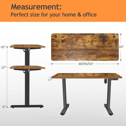 Electric Standing Desk with Wheels, 63'' x 24'' Standing Desk Adjustable Height with Charging Station, 2 USB Ports, 3 Power Outlets, 4 Caster, 27''-46'' Lifting Range Stand up Desk(Brown) - color: Brown, size: 63 x 24''