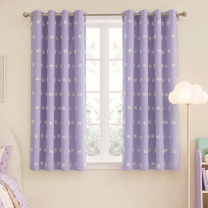 NICETOWN Lavender Purple Pom Pom Curtains, Room Darkening Double Layer Sheer Drapes for Girls Bedroom, Thermal Insulated Window Treatments, W52 x L63, 2 Panels - color: Lavender Purple, size: 52"W x 63"L (Pack of 2)