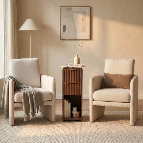 Fluted Slim Side Table with 2 Drawers and Bottom Open Shelf, Skinny End Table with Gold Handles, Walnut Narrow Accent Table for Living Room Bedroom