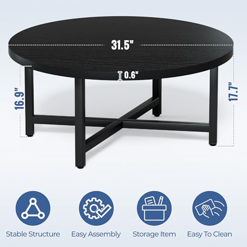 Round Coffee Table, 31.5" Black Coffee Table, Coffee Tables for Living Room | Circle Wooden Coffee Table, Large Modern Center Table with Metal Frame for Office Apartment Home Small Space - color: 31.5"d Round Black