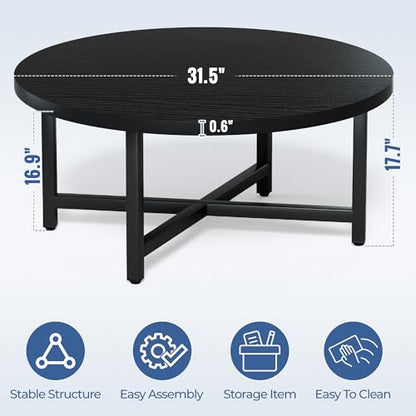 Round Coffee Table, 31.5" Black Coffee Table, Coffee Tables for Living Room | Circle Wooden Coffee Table, Large Modern Center Table with Metal Frame for Office Apartment Home Small Space - color: 31.5"d Round Black