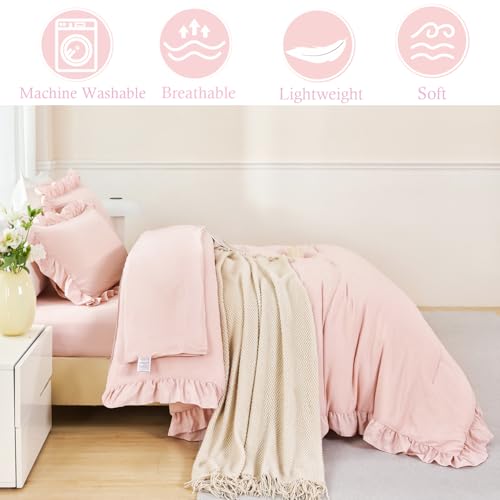 ANGIYUIN 5 Pieces Blush Pink Ruffled Comforter Sets Full Farmhouse Bed in A Bag with Layer Ruffle Soft Lightweight Bedding Sets with Sheet Sets, Pillowcases（Blush Pink Full） - color: Blush Pink, size: Full(5Pcs)