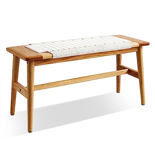 100% Solid Oak Farmhouse Entryway Bench, Wooden Bench Indoor with Hand Woven Rope Surface Design, Wood Bench for End of Bed with Solid Structure(Off-White, 31.49" Wx11.81 Dx15.98 H) - color: White, size: 31.49"