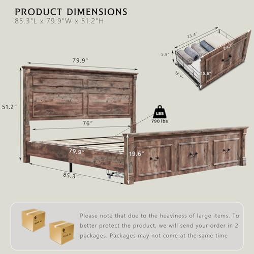 Aitjunz Farmhouse King Size Bed Frame with 51" Tall Headboard, Wood Platform Bed Frame with 20" Tall Roman Column Decoration Footboard & 3 Large Storage Drawers, No Box Spring Needed (Light Brown) - color: Light Brown, size: King