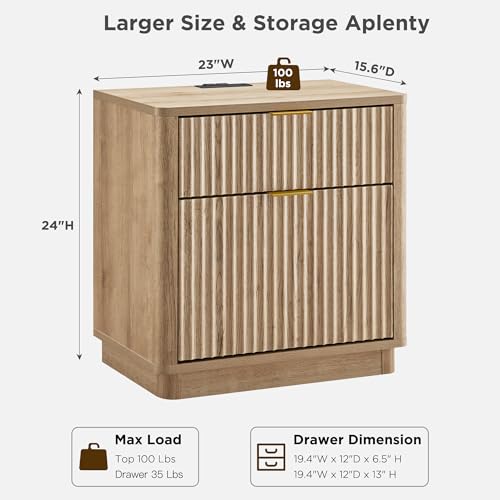 T4TREAM 23'' Fluted Nightstand with Charging Station, Modern, Natural Oak | Large 2 Drawer, Curved Profile, Mid-Century, Bedside Table with Storage, End Table for Living Room, Bedroom, Side Table - color: Natural Oak