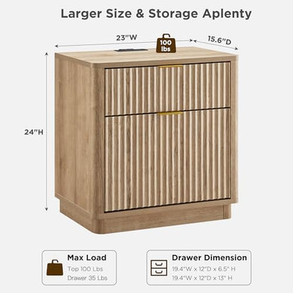 T4TREAM 23'' Fluted Nightstand with Charging Station, Modern, Natural Oak | Large 2 Drawer, Curved Profile, Mid-Century, Bedside Table with Storage, End Table for Living Room, Bedroom, Side Table - color: Natural Oak