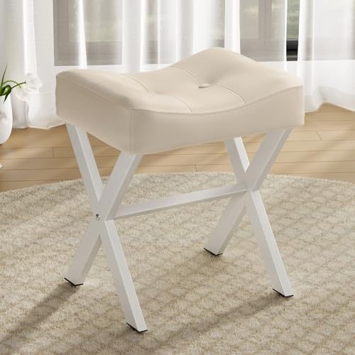 18-Inch Leather Vanity Stool Chair, Beige Makeup Stool | Vanity Bench, Metal X-Leg, Ottoman Accent Stool, Thick Padded Saddle Seat, 300 LBS, 16.3"x12.4"x18", For Living Room Bedroom - size: Small, style: Beige Leather