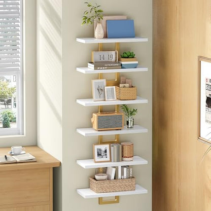 HOOBRO Floating Shelves, 15 Inch Wall Shelf Set of 3, Wall Mounted Storage Shelves 2-Tier, Hanging Bathroom Shelves, for Living Room, Bedroom, Bathroom, Kitchen, White and Gold DW32BJP301 - color: White + Gold