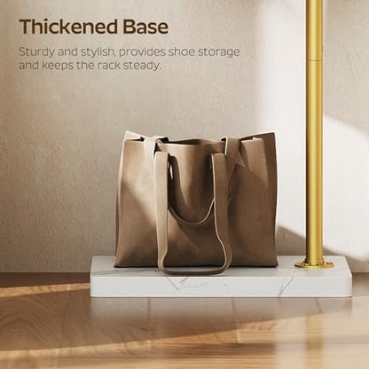 L Shaped Glod Coat Rack, Metal Coat Tree, Modern Clothes Rack with 3 Hooks and Thickened Base, Floor Standing Coat Hanger Stand, for Entryway, Living Room, Cloakroom, Gold and White YM01DWY1
