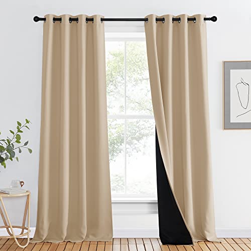 NICETOWN Living Room Completely Shaded Draperies, Privacy Protection & Noise Reducing Ring Top Drapes, Black Lined Insulated Window Treatment Curtain Panel (Biscotti Beige, 1 Piece, W46 x L90) - color: Biscotti Beige, size: 46"W x 90"L (Pack of 1)
