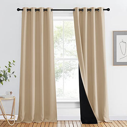 NICETOWN Living Room Completely Shaded Draperies, Privacy Protection & Noise Reducing Ring Top Drapes, Black Lined Insulated Window Treatment Curtain Panel (Biscotti Beige, 1 Piece, W46 x L90) - color: Biscotti Beige, size: 46"W x 90"L (Pack of 1)
