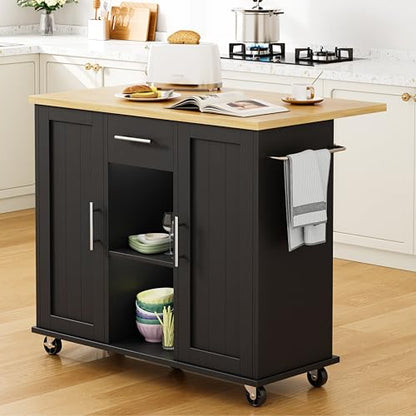 Shintenchi Kitchen Island with Storage, Bar Cart Cabinet Island Table on Wheels, Rolling Microwave Cart for Kitchen with Drop Leaf, Drawers, Towel Rack, Seating Area for Dining Room, Black - color: Black-42 Inch