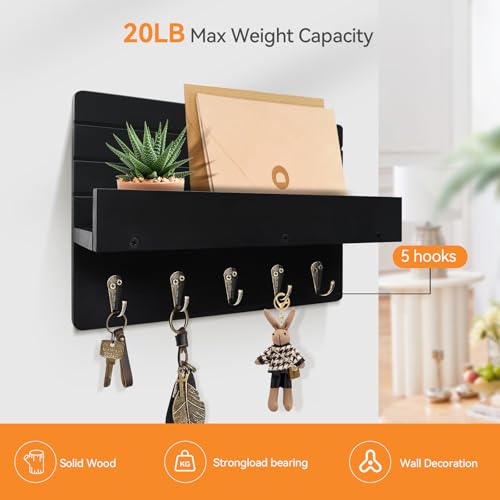 Key Holder Wall Mount, Decorative Key Rack with Shelf & 5 Sturdy Hooks, Rustic Key Hooks for Wall for Mail Organizer Hanging Dog Leash, Glasses, Wooden Key Hanger with Mounting Hardware