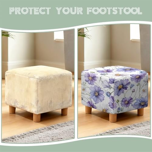Purple Daisy Print Ottoman Cover Stretch Ottoman Slipcover Square, Polyester and Spandex Fabric for Square Ottomans, Storage Stool, Universal Footstool Protector - color: Purple Daisy