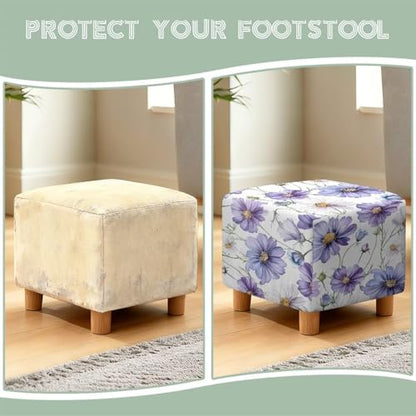 Purple Daisy Print Ottoman Cover Stretch Ottoman Slipcover Square, Polyester and Spandex Fabric for Square Ottomans, Storage Stool, Universal Footstool Protector - color: Purple Daisy