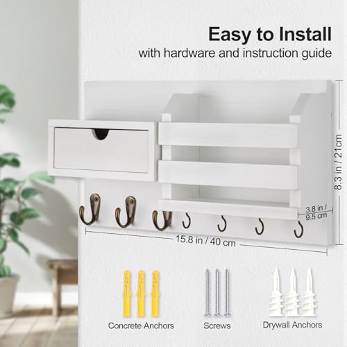 Lwenki Wall Mount Key Holder with Mail Organizer, 100% Paulownia Wood, 7 Metal Hooks, Storage Drawer, Entryway Home Decor (White) - color: White
