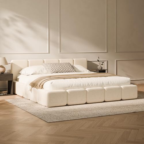 RECCI King Size Upholstered Platform Bed Frame with Plush Cloud Design | Cloud-Inspired Design, Upholstered Headboard & Footboard, Grounded Low Profile Design, Easy Assembly, No Box Spring Required - size: King