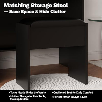 Black Makeup Vanity Desk with Mirror and Lights, Vanity Table Set with Charging Station, Dressing Table with Stool, 2 Drawers, Open Shelves, Power Outlets & USB Ports, Vanity Desk with RGB Cabinets - color: Black