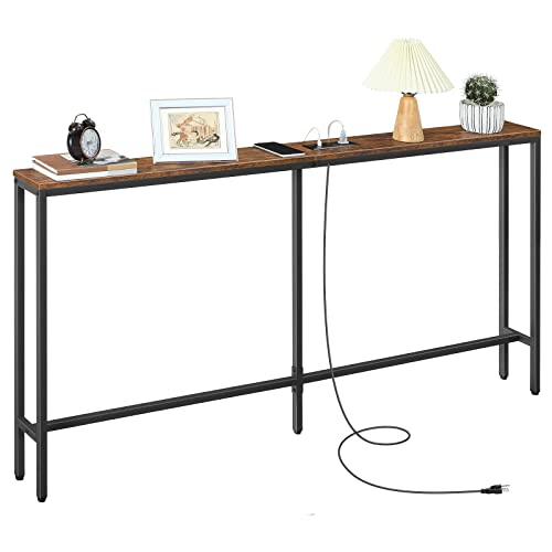 MAHANCRIS 63'' Skinny Console Table with Charging Station, 5.9" Slim Sofa Table Behind Couch, Long Entryway Tables, Narrow Sofa Hallway Table for Living Room, Foyer, Rustic Brown CTHR165E01Z1 - size: 5.9"D x 63"W x 31.7"H