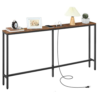 MAHANCRIS 63'' Skinny Console Table with Charging Station, 5.9" Slim Sofa Table Behind Couch, Long Entryway Tables, Narrow Sofa Hallway Table for Living Room, Foyer, Rustic Brown CTHR165E01Z1 - size: 5.9"D x 63"W x 31.7"H