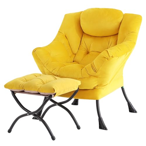 Lazy Chair with Ottoman, Comfy Reading Accent Chair, Velvet Yellow | Foldable Footrest, Padded Seat and Backrest, Side Pocket for Lounging in Living Rooms, Bedrooms, Dorms and Small Spaces - color: Yellow