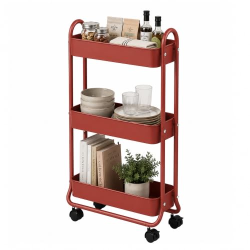 SunnyPoint Slim Rolling Storage Cart, 3 Tier Bathroom Storage Organizer Bathroom, Laundry Utility Cart (RED) - color: Red