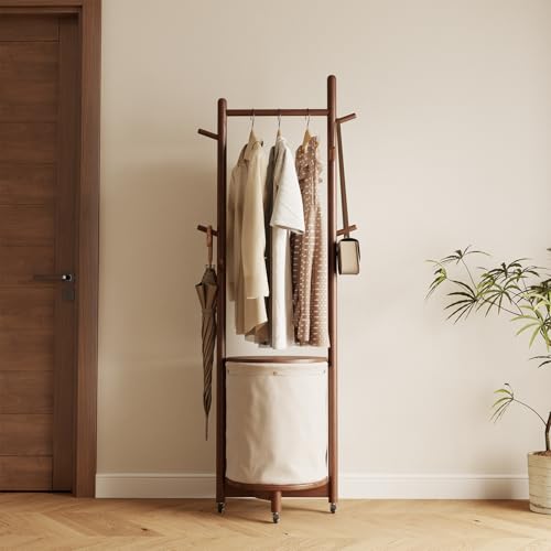 CycleCrew Solid Wood Coat Rack with Fabric Basket - Freestanding Coat Rack Rolling Coat Tree with 9 Hooks Wheels, Small Clothes Rack For Entryway Bedroom Hallway Living Room - color: Walnut Brown