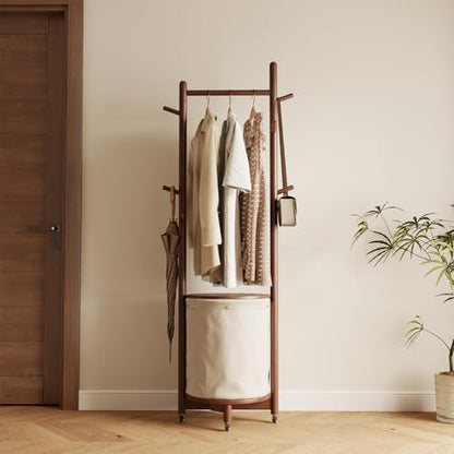 CycleCrew Solid Wood Coat Rack with Fabric Basket - Freestanding Coat Rack Rolling Coat Tree with 9 Hooks Wheels, Small Clothes Rack For Entryway Bedroom Hallway Living Room - color: Walnut Brown
