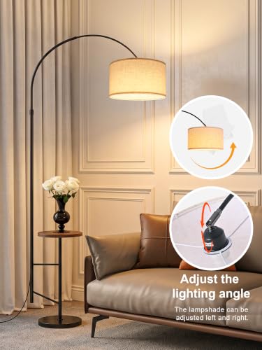 Arc Floor Lamp with Side Table, Adjustable Linen Shade Fishing Standing Lamp for Living Room Bedroom