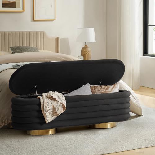 HULALA HOME Velvet Storage Bench, Large Upholstered Ottoman Bench with Button Tufted Design for Living Room, Bedroom, Entryway, or Window, Black - color: Black