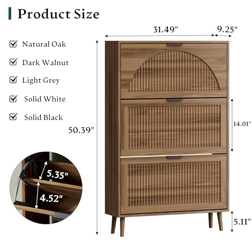 Xixini Shoe Storage Cabinet with 3 Flip Drawers, 50" Tall Narrow Wood Fluted Shoe Organizer for Entryway, Freestanding Wooden Hidden Slim Shoe Rack for Front Door Entrance, Hallway, Foyer, Dark Walnut - color: Dark Walnut, size: 3 Flip Drawers