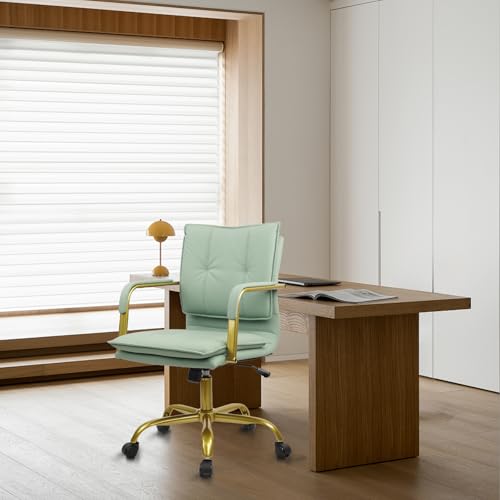 CLATINA Leather Home Office Desk Chairs, Swivel Mid-Back Computer Chair with Golden Legs and Arms, Comfy Upholstered Task Chair with Wheels, Green - color: Green